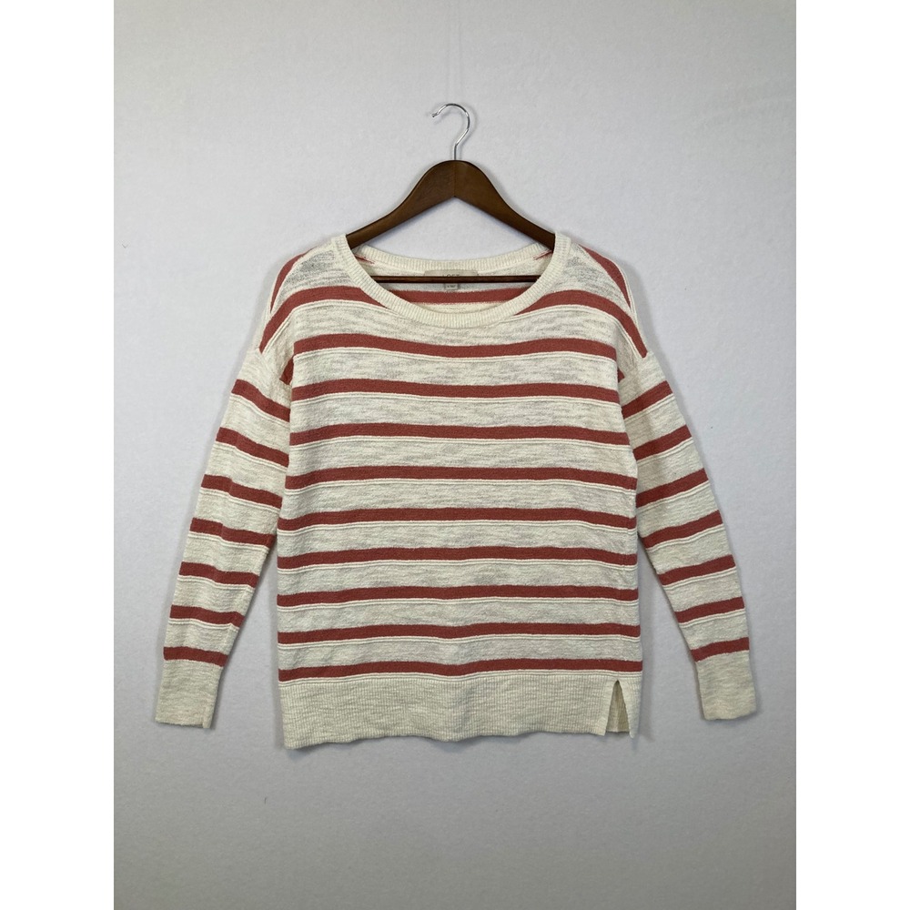 LOFT Striped Knit Sweater Womens Small Cream Red Cotton Blend Drop Shoulder
